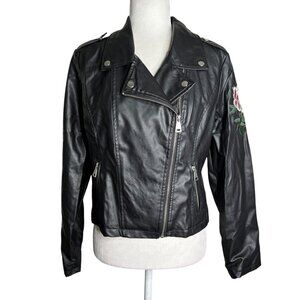 Moto Gear Faux Leather Jacket Large Black Floral Embroidery Zipper Details